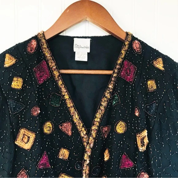 VINTAGE 80s Glam Beaded Sequin Silk Wide Leg Jumpsuit Bolero Jacket Black Size 6